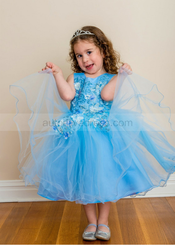 Beaded Blue Lace Tulle Curly Hem Flower Girl Dress